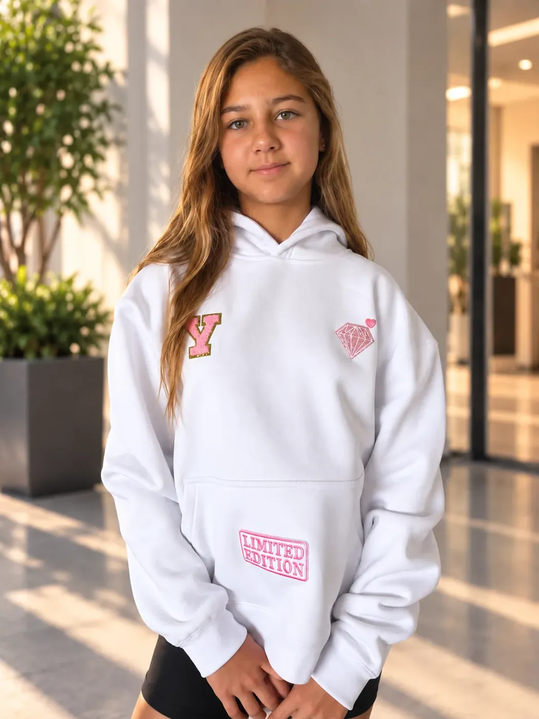 Hoodie SnowKiss Valley branco premium HEY, VALLEY! personalizado com patches, usado por modelo