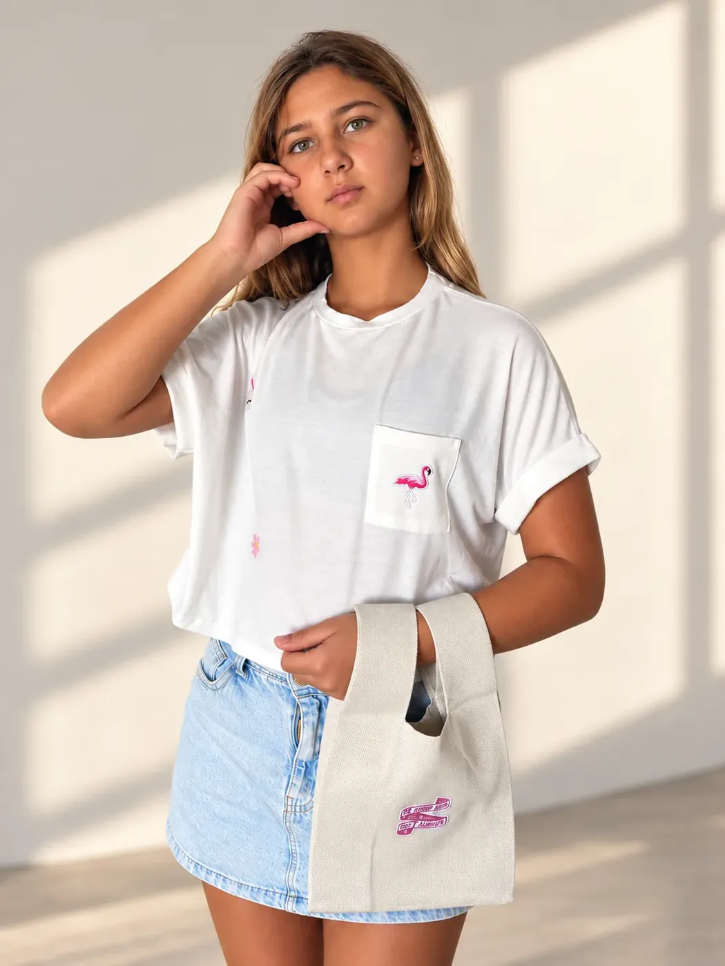 T-shirt Flamingo HEY, VALLEY! pronta a enviar, usada por modelo