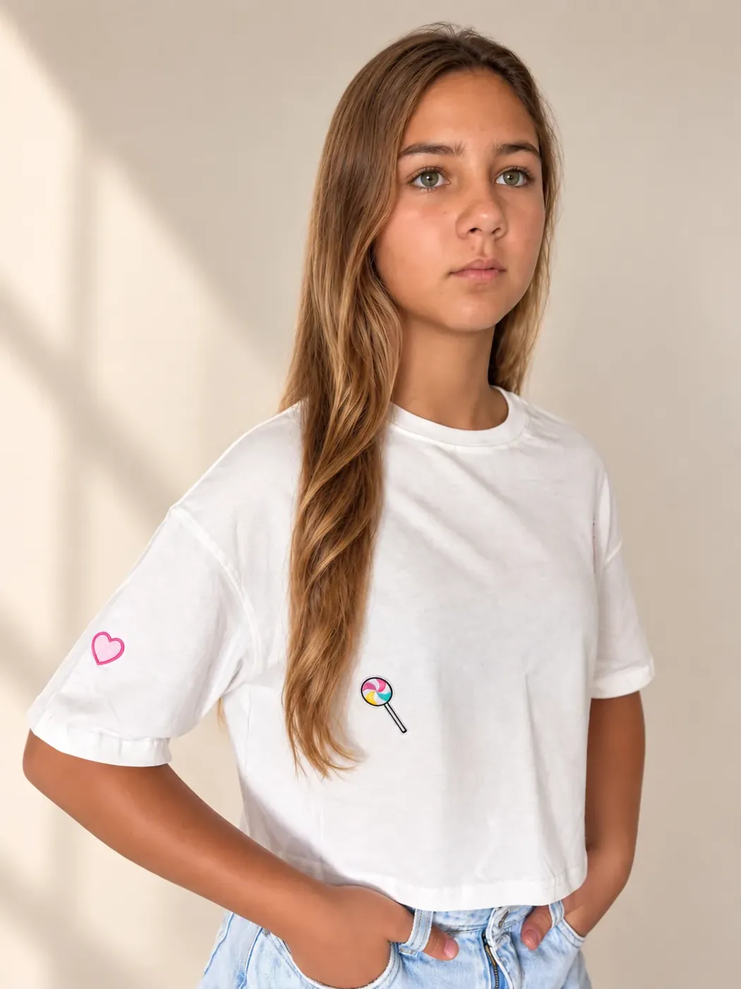 T-shirt Lollipop HEY, VALLEY! pronta a enviar, usada por modelo