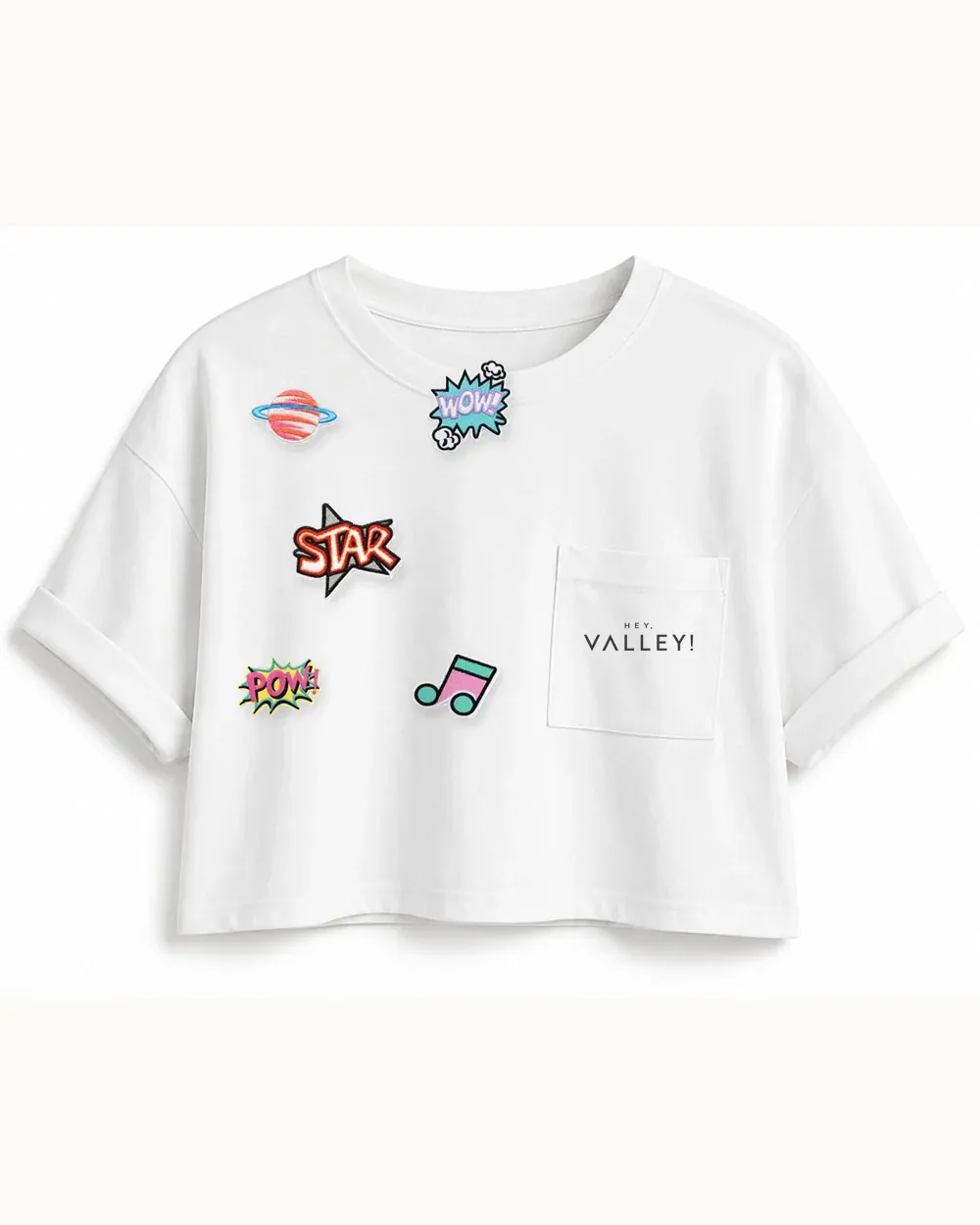 T-shirt crop oversized branca com bolso HEY, VALLEY!